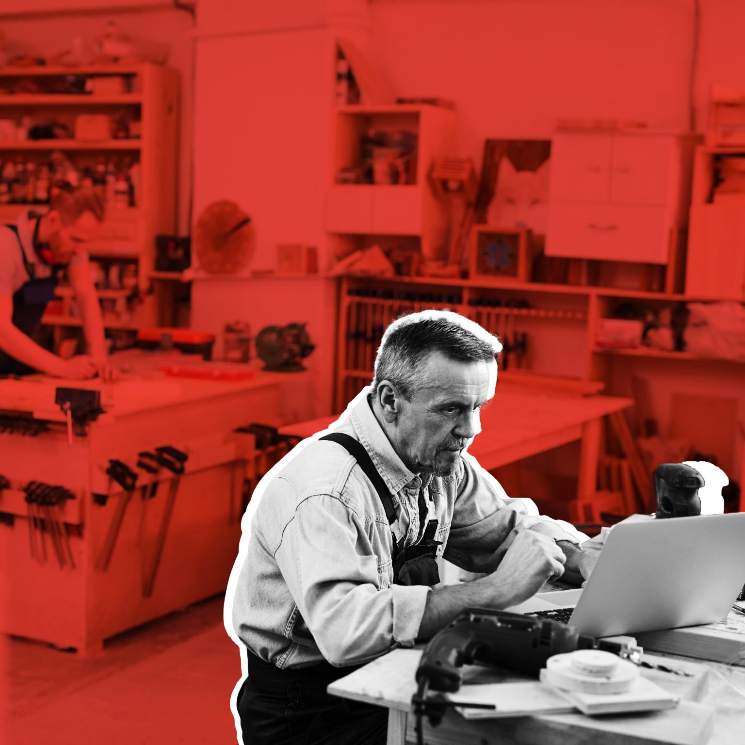 High angle portrait of two carpenters working with wood standing at tables in workshop, copy space